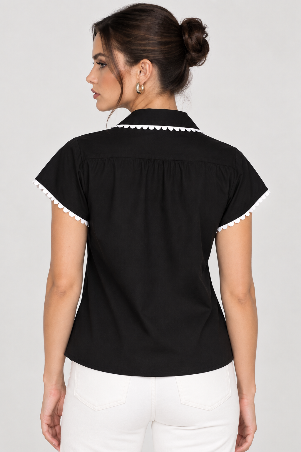 Women’s Black Cotton Contrast Trim Collared Top