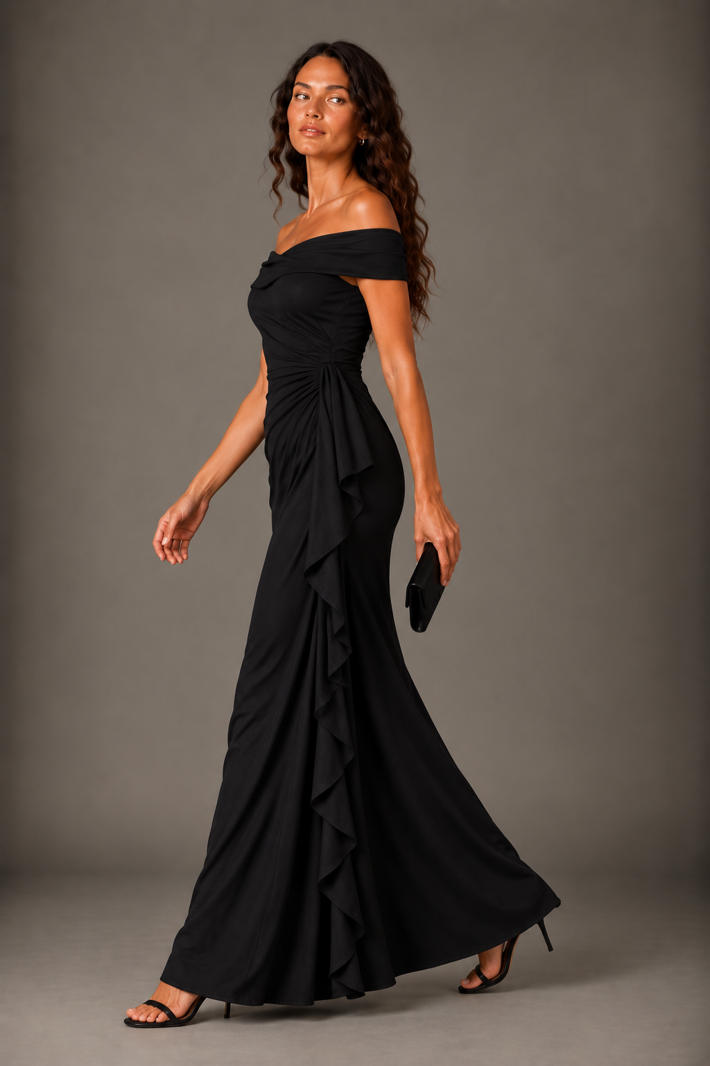 Black Crepe Off-Shoulder Draped Maxi Dress with Ruffle Detail