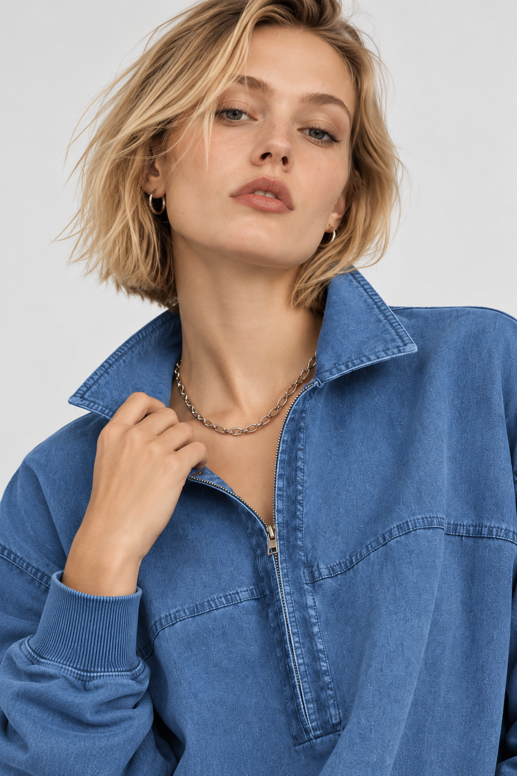 Women’s Blue Denim Collared Pullover Shirt
