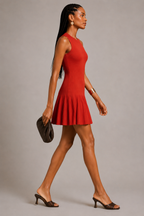 Red Viscose Rib-Knit Mini Dress