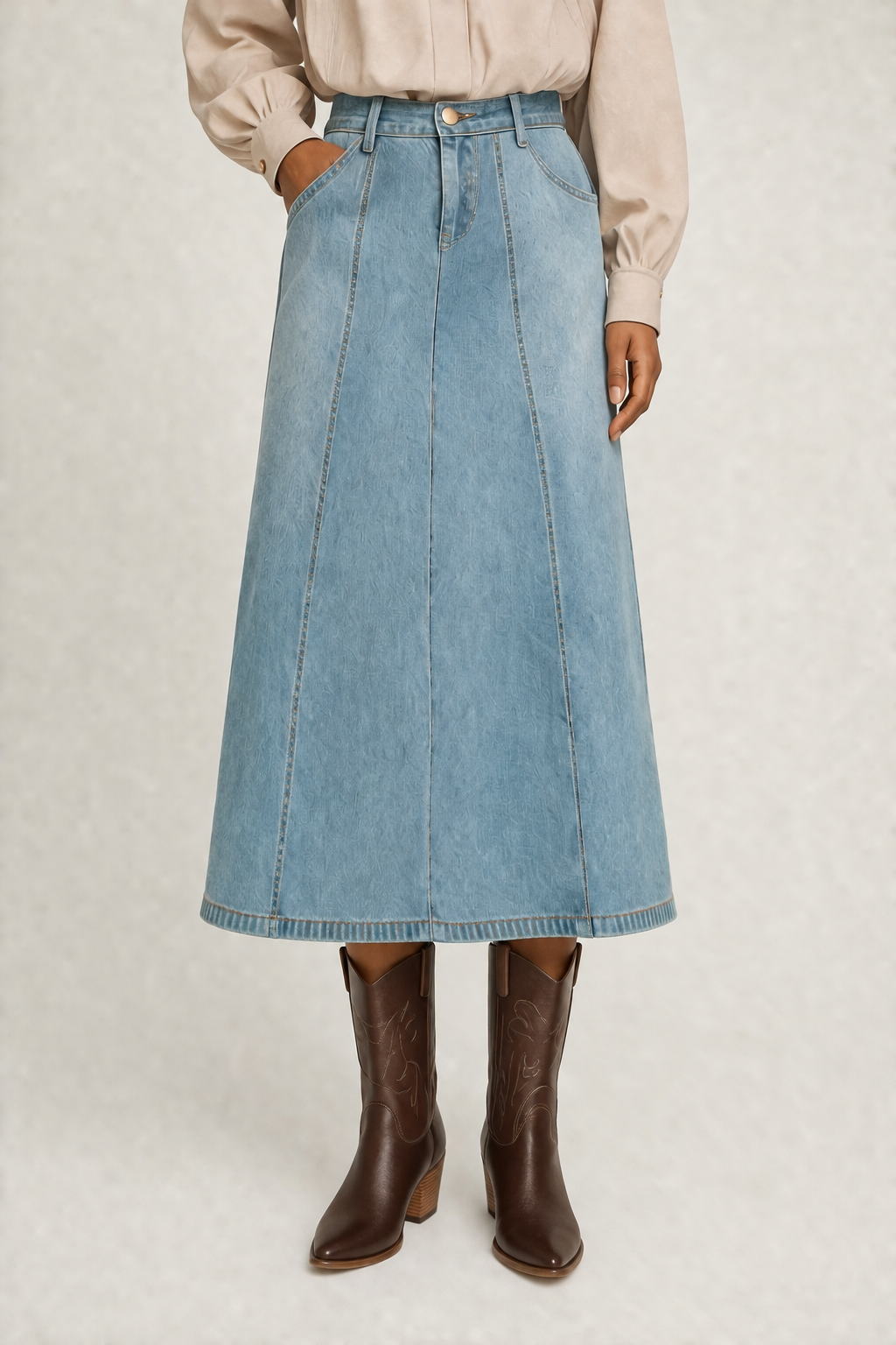 Panelled A-Line Denim Midi Skirt