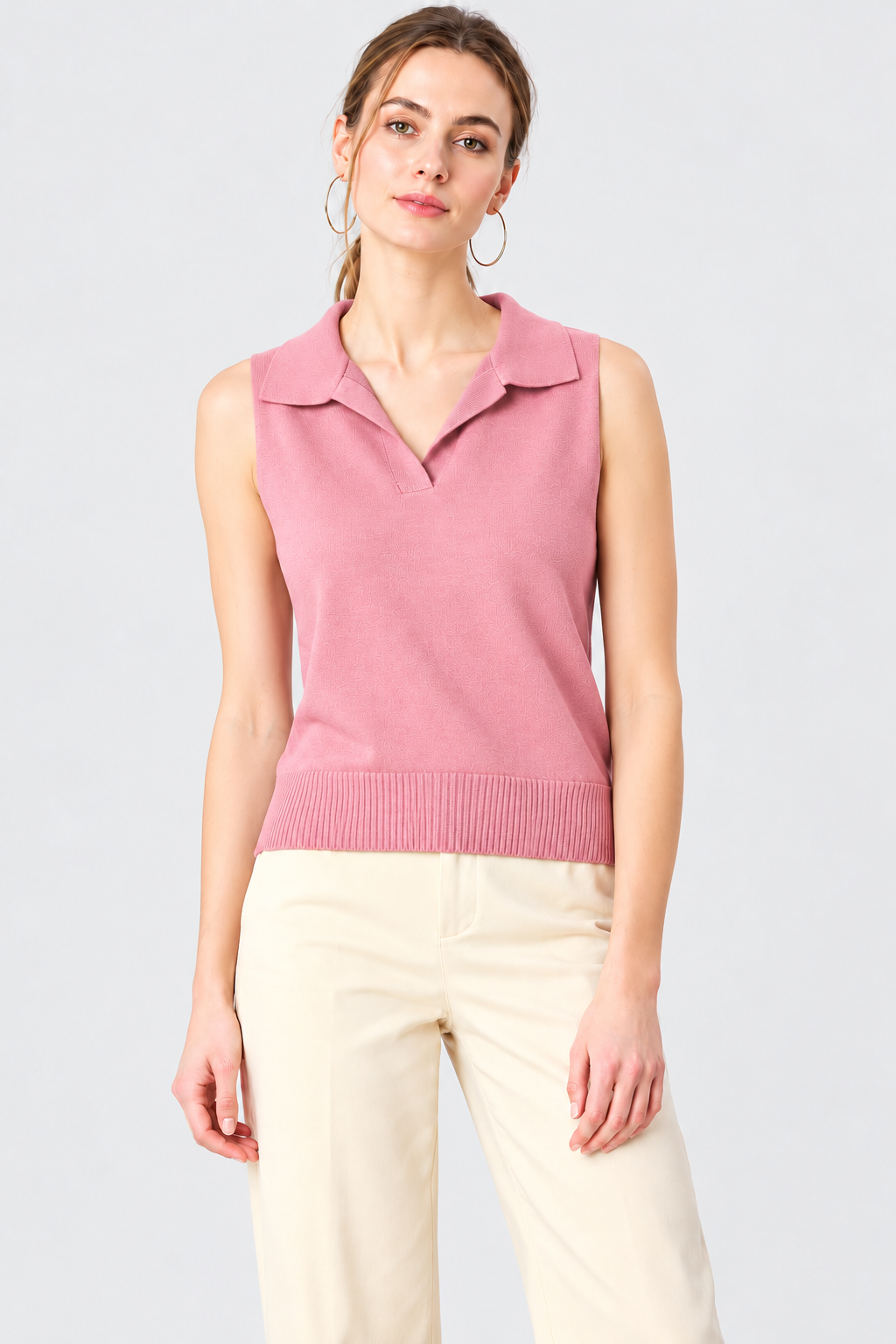 women's pink jersey knit polo collar sweater