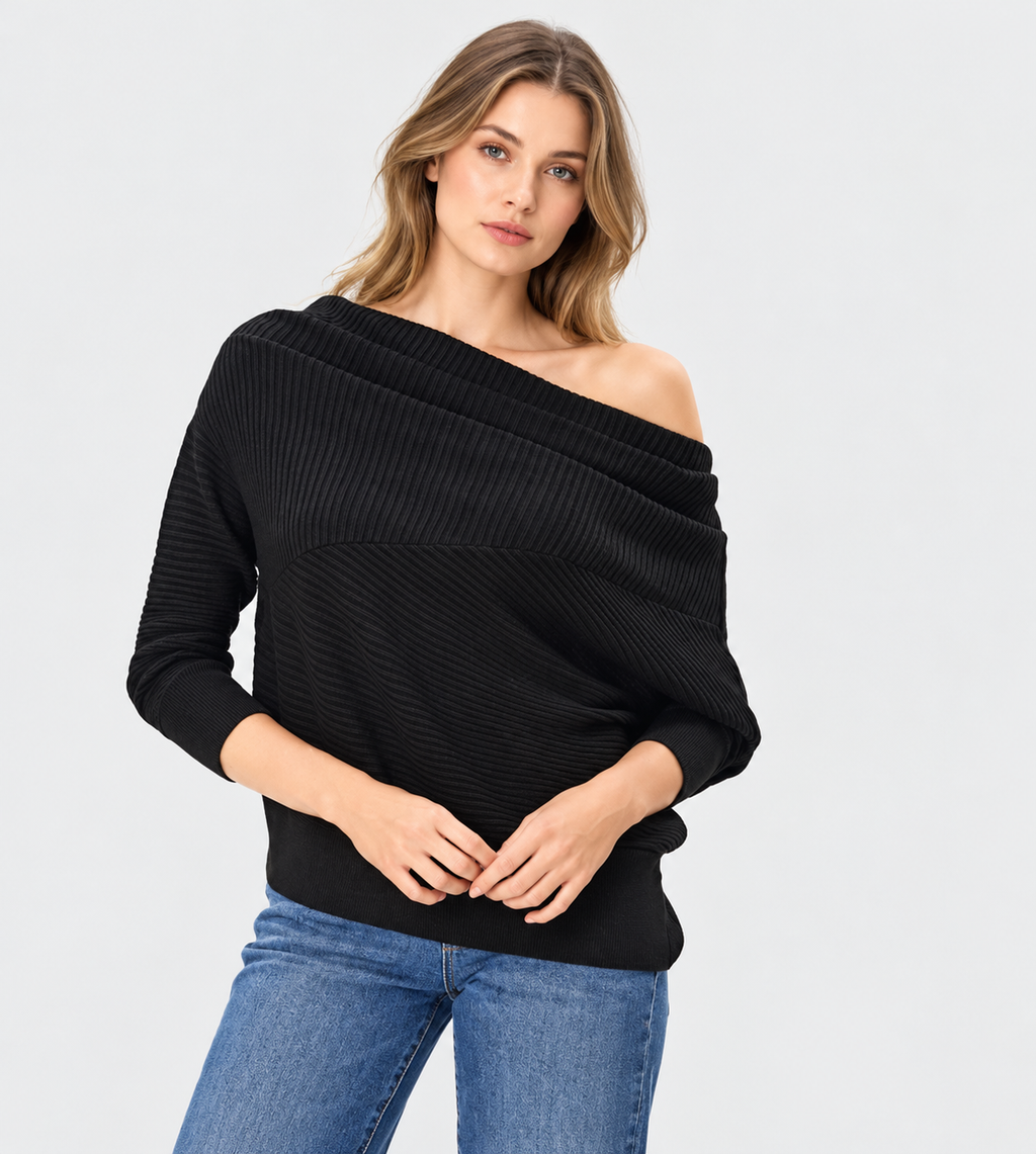 women's black wool blend rib knit off shoulder sweater