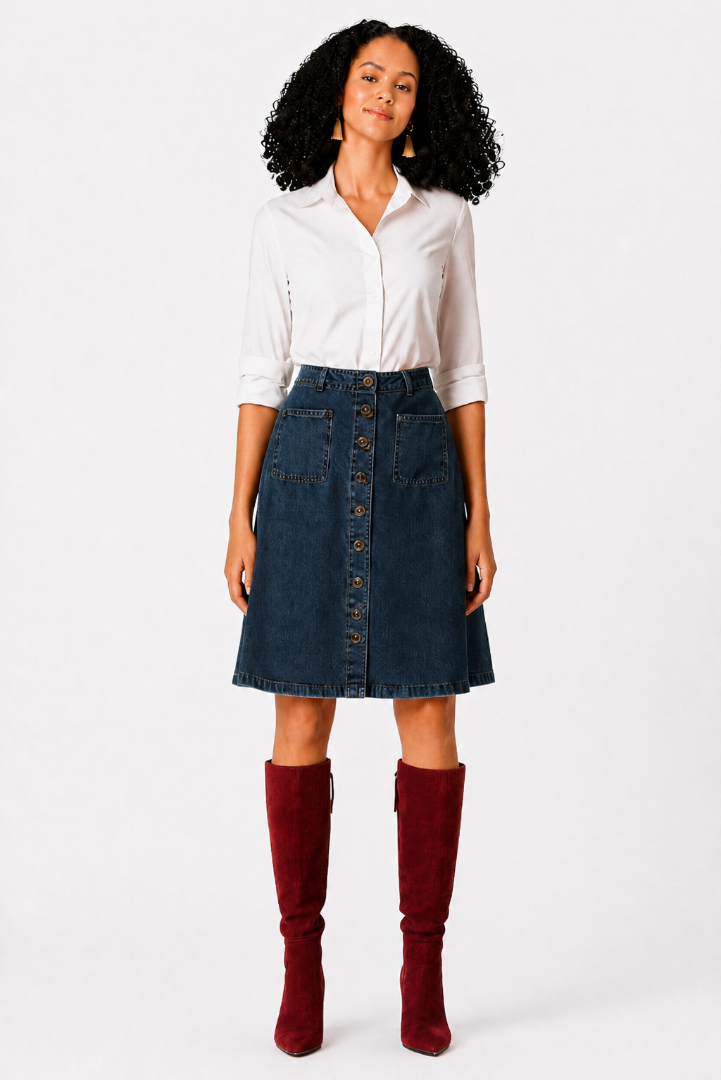Dark Wash Button-Front Denim A-Line Skirt