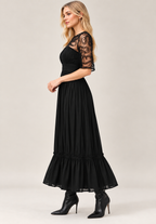 Black Rayon Crinkle Embroidered Mesh Midi Dress