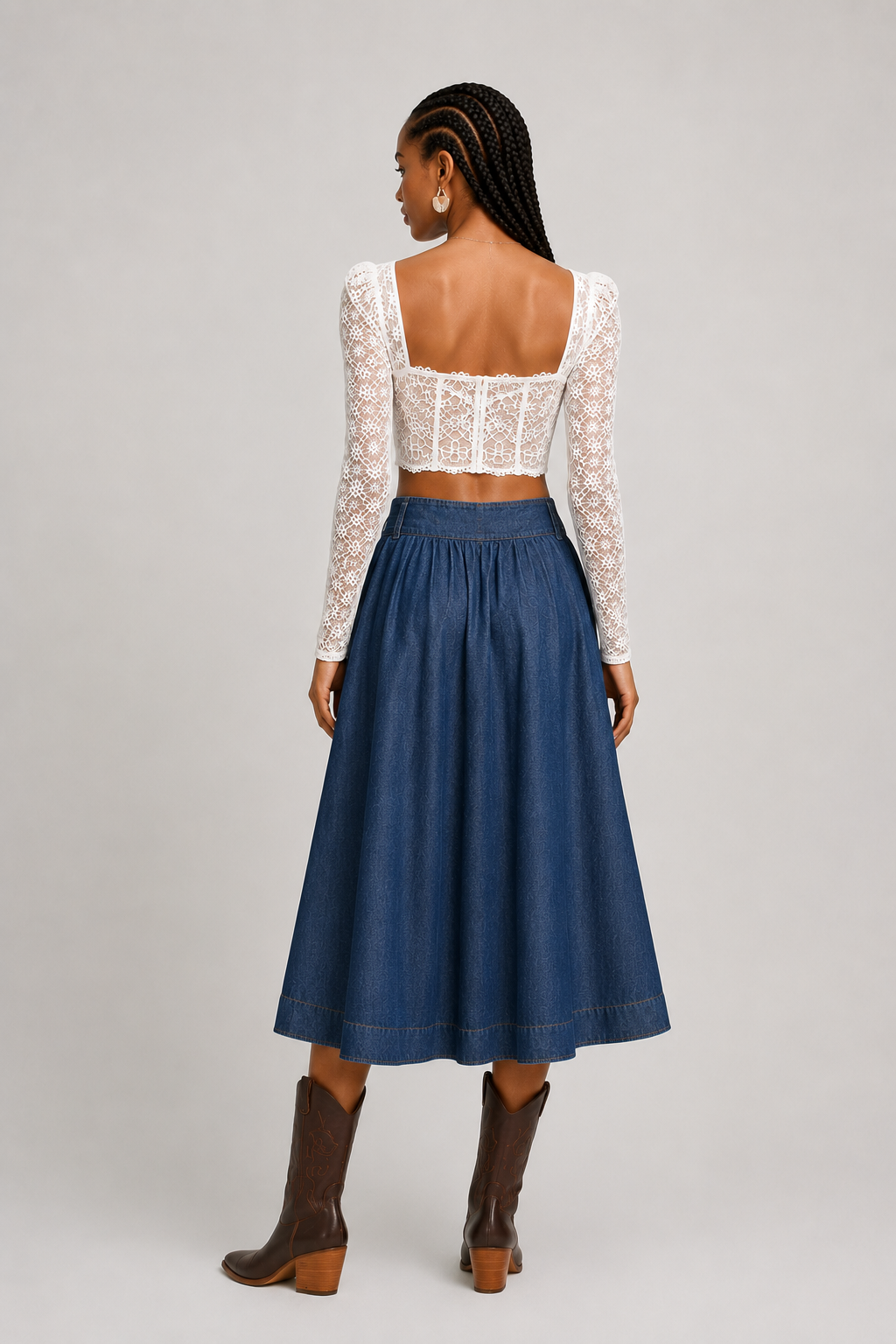 Blue Belted Denim Midi Skirt