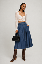 Blue Belted Denim Midi Skirt