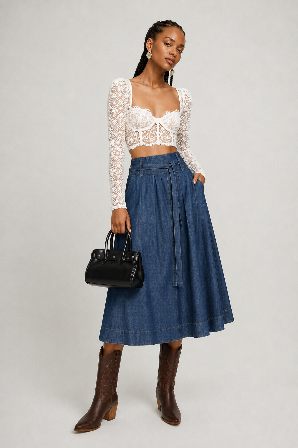 Blue Belted Denim Midi Skirt