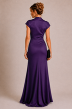 Purple Crepe Wrap-Style Maxi Dress with Short Sleeves