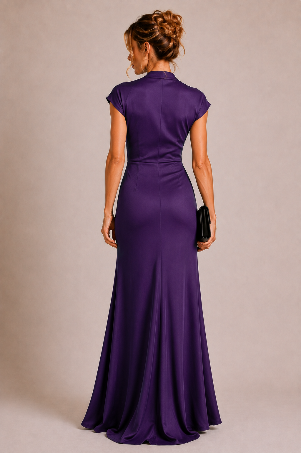 Purple Crepe Wrap-Style Maxi Dress with Short Sleeves
