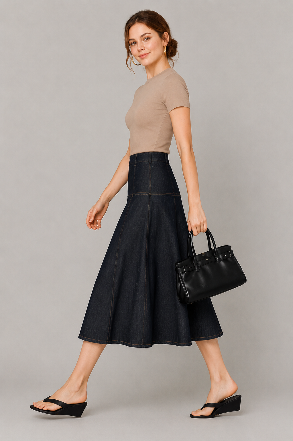 Panelled Denim A-Line Maxi Skirt