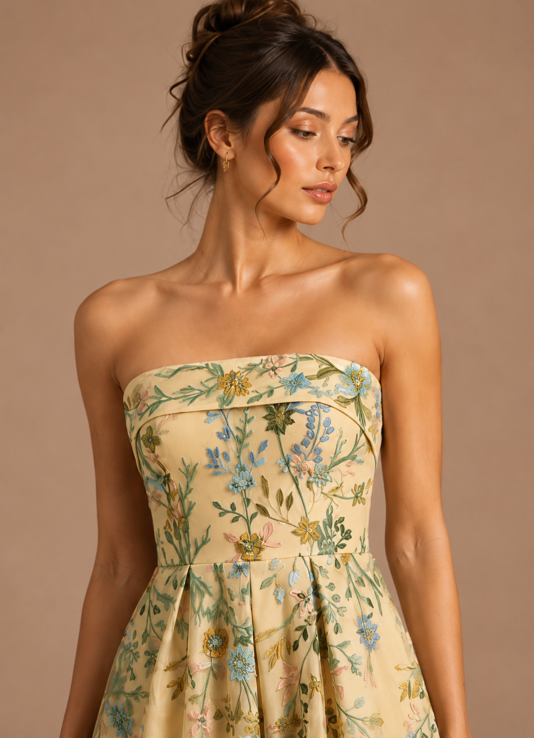 Strapless Floral Satin A-Line Maxi Dress