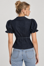 Women’s Dark Blue Denim Puff Sleeve Peplum Top