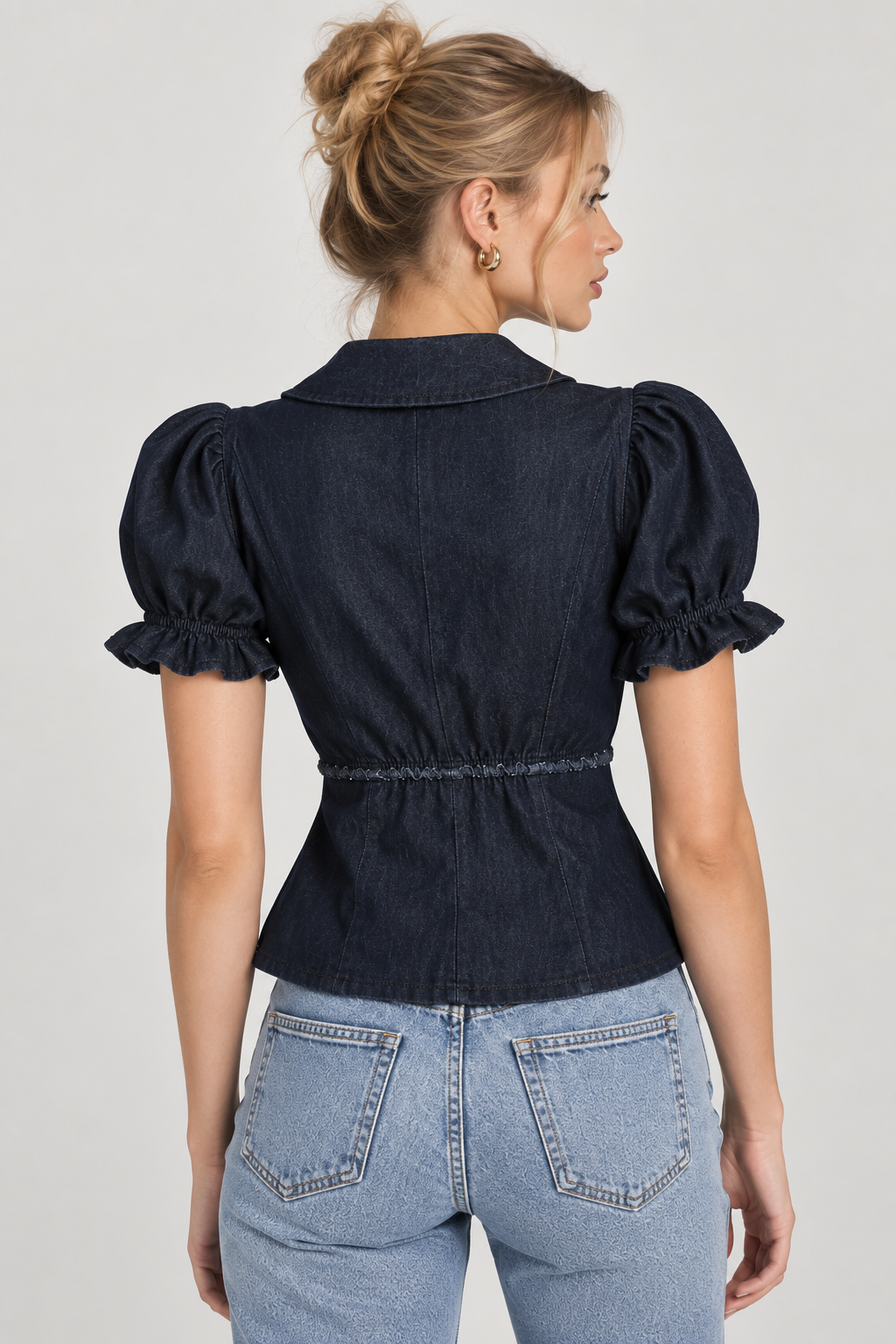 Women’s Dark Blue Denim Puff Sleeve Peplum Top