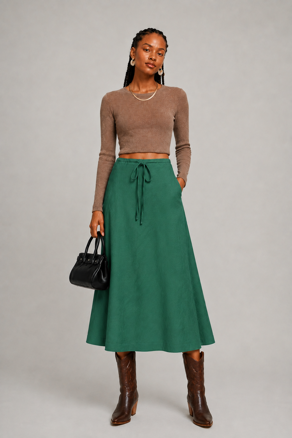 Emerald Green Drawstring A-Line Midi Skirt