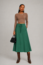 Emerald Green Drawstring A-Line Midi Skirt