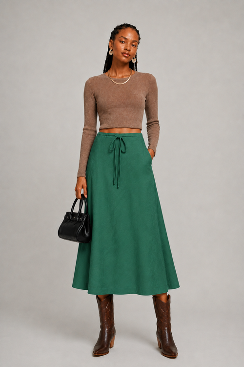 Emerald Green Drawstring A-Line Midi Skirt