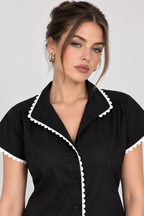 Women’s Black Cotton Contrast Trim Collared Top