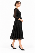 Black Sequin Mesh Wrap Midi Dress
