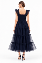 Women’s Navy Blue Sheer Tulle Tiered Maxi Dress with Ruffle Straps