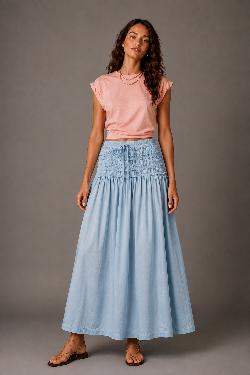 Sky Blue Smocked Cotton Maxi Skirt