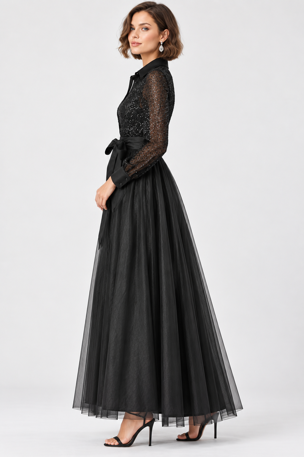women's black sequin mesh and dupioni maxi dress