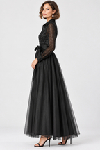 women's black sequin mesh and dupioni maxi dress