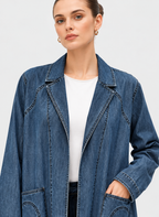 Women's Blue Denim Longline Coat with Contrast Stitching & Patch Pockets | Casual Long Denim Jacket