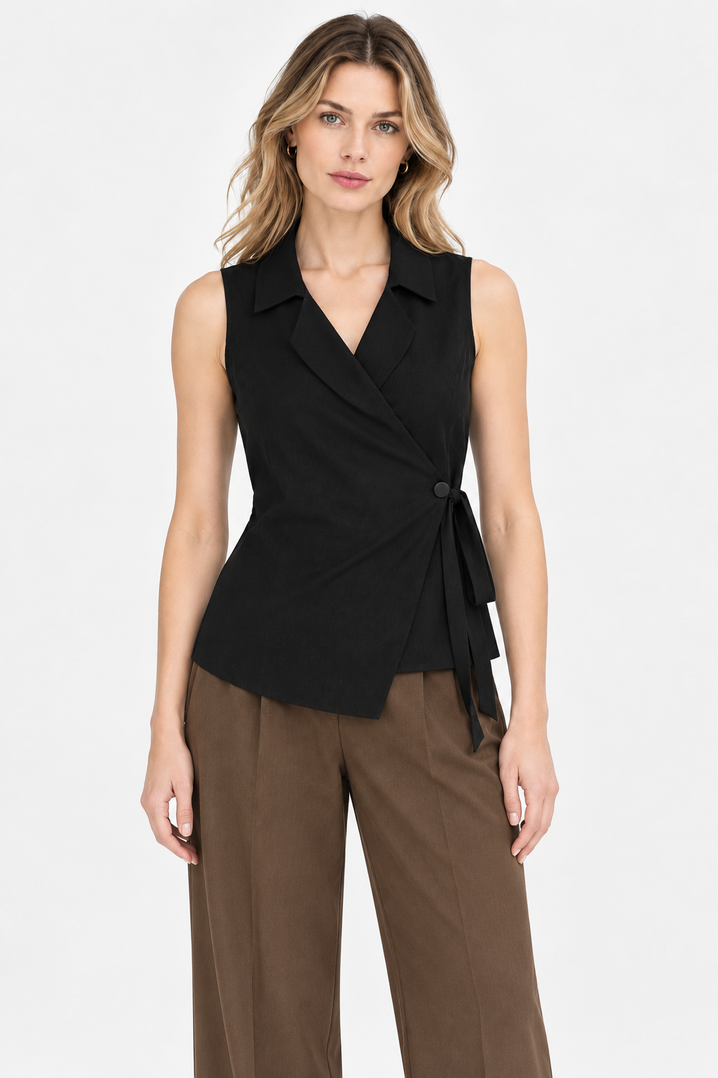 Women’s Black Cotton Wrap-Style Sleeveless Top