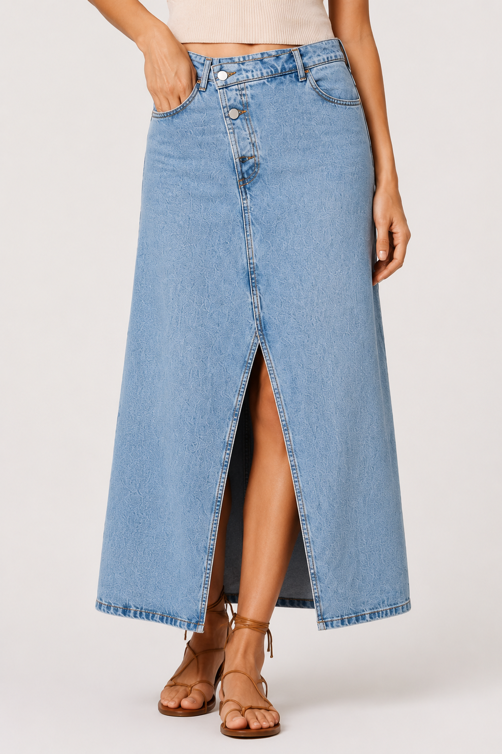Light Wash Denim Front-Slit Maxi Skirt