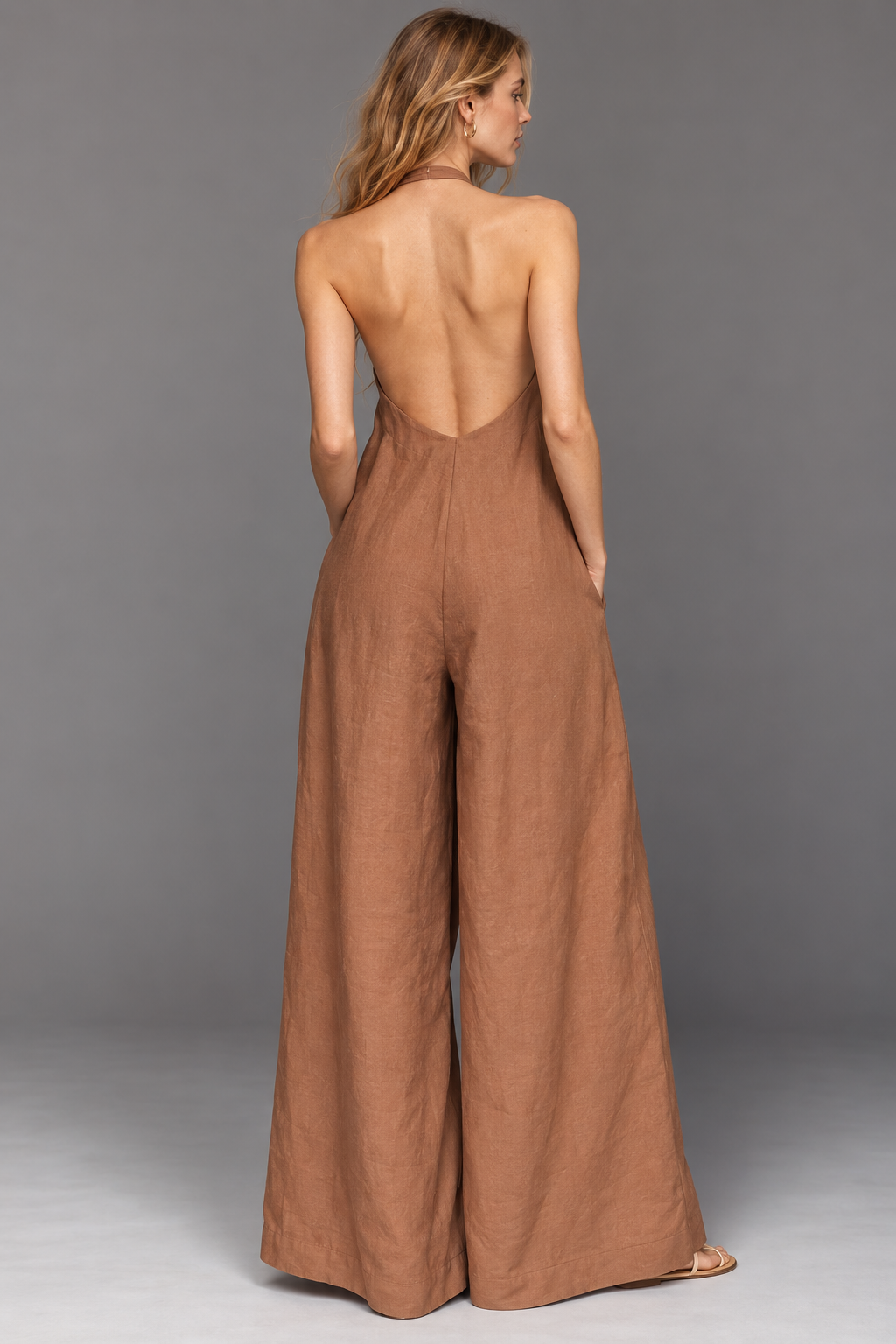 women's brown cotton halter-neck wide-leg jumpsuit with tie detail