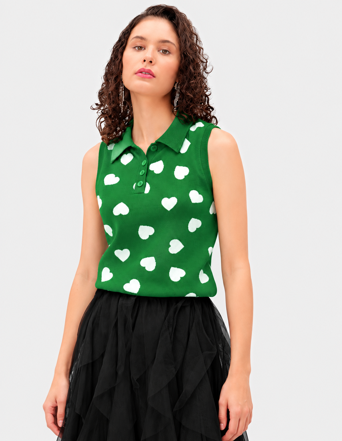 Women's Green Jacquard Knit Sweater with White Heart Print and Polo Collar