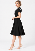 women's black crepe contrast V-neck fit and flare midi dress