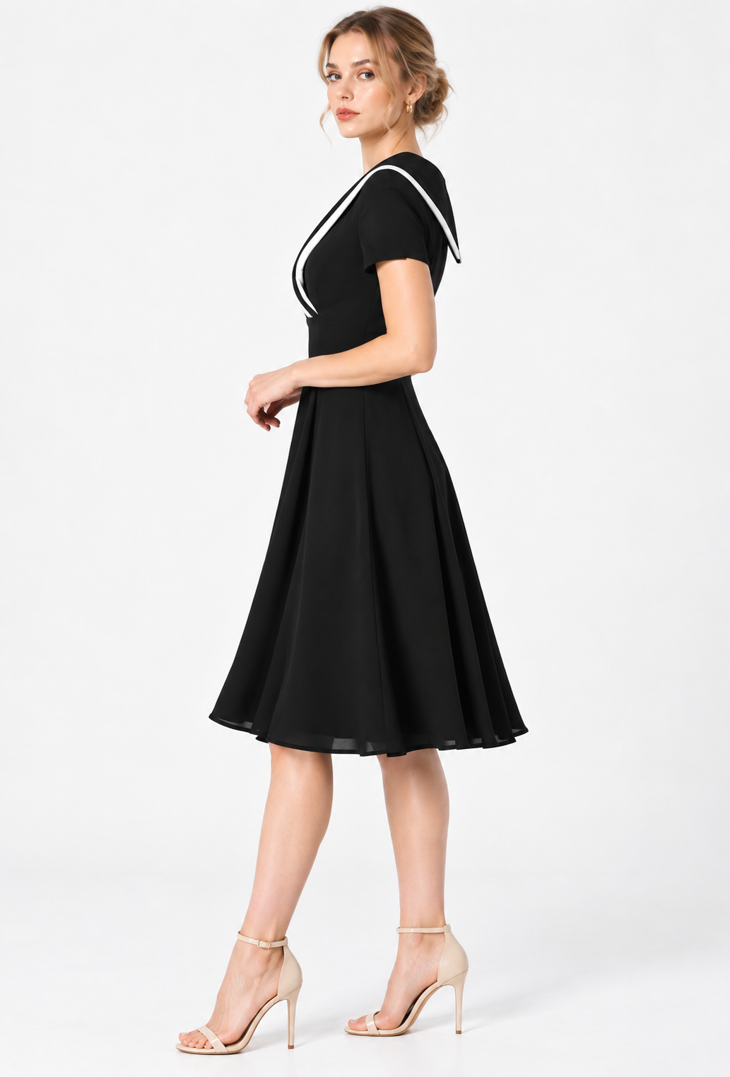 women's black crepe contrast V-neck fit and flare midi dress