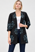 Women's Black Dupioni Embroidered Open Front Kimono Jacket with Blue Floral Detailing
