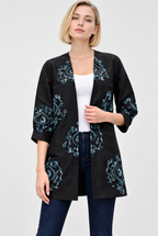 Women's Black Dupioni Embroidered Open Front Kimono Jacket with Blue Floral Detailing