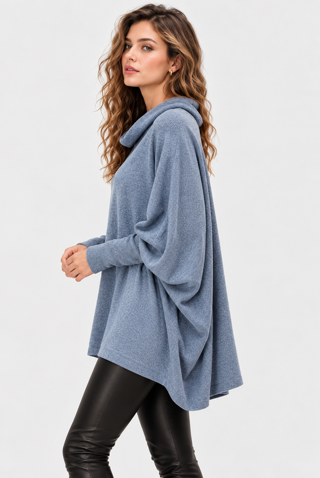Women's Blue Cowl Neck Oversized Linen Cotton Top