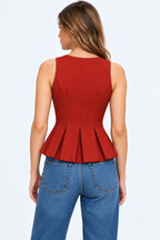 Women’s Red Polyester Peplum Zip-Up Top