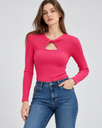 Pink Cotton Rib Knit Twist Front Sweater for Women