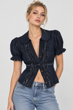 Women’s Dark Blue Denim Puff Sleeve Peplum Top
