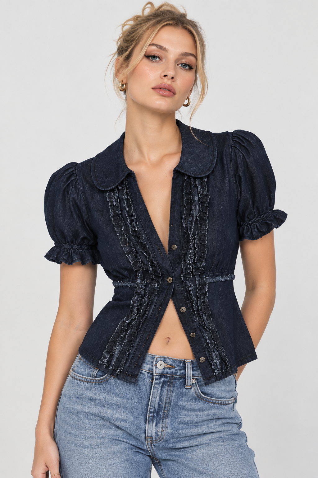 Women’s Dark Blue Denim Puff Sleeve Peplum Top
