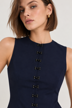 Women’s Navy Blue Cotton Mandarin Collar Top