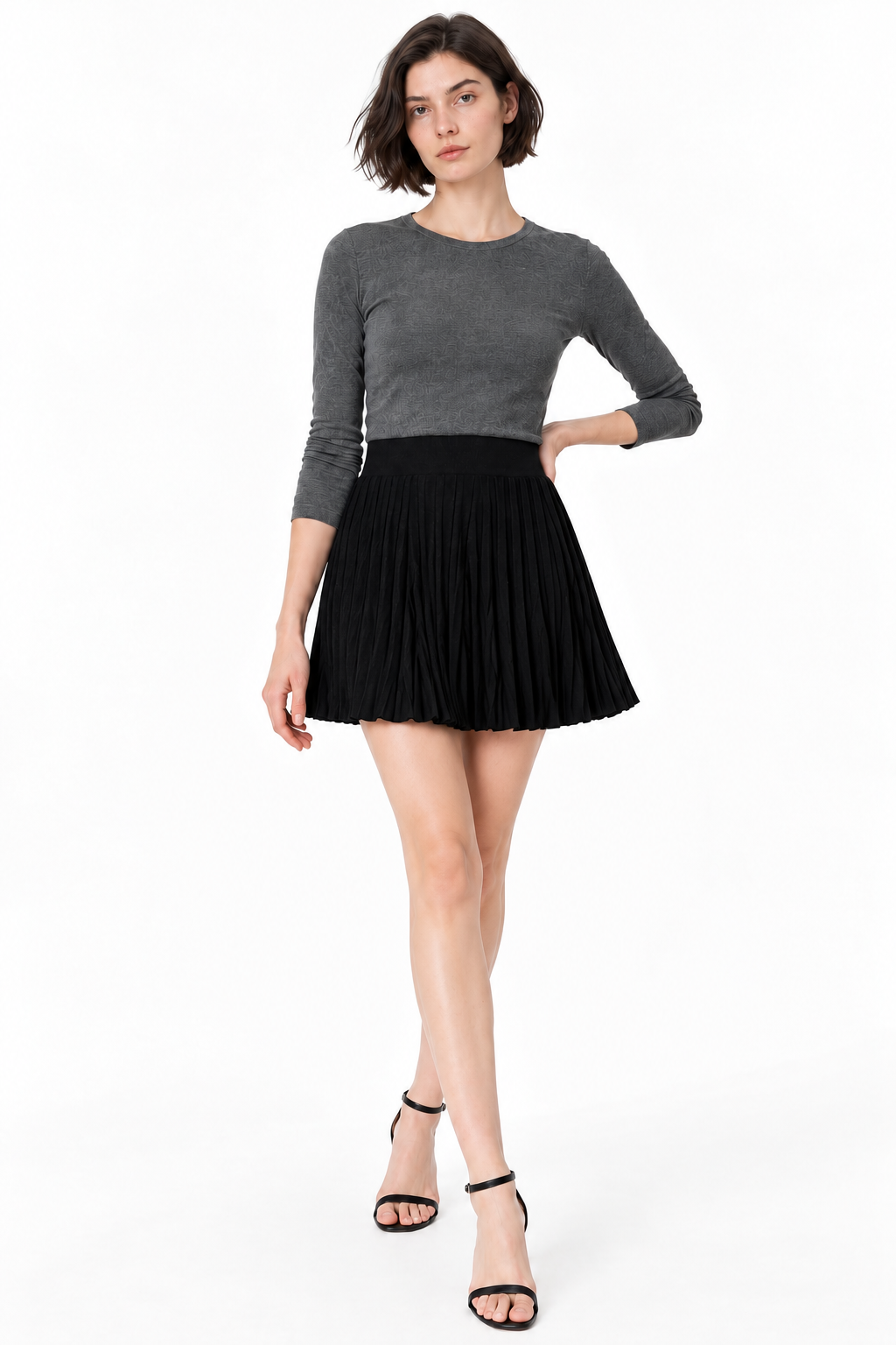 women's black wool blend pleated midi skirt with high waist