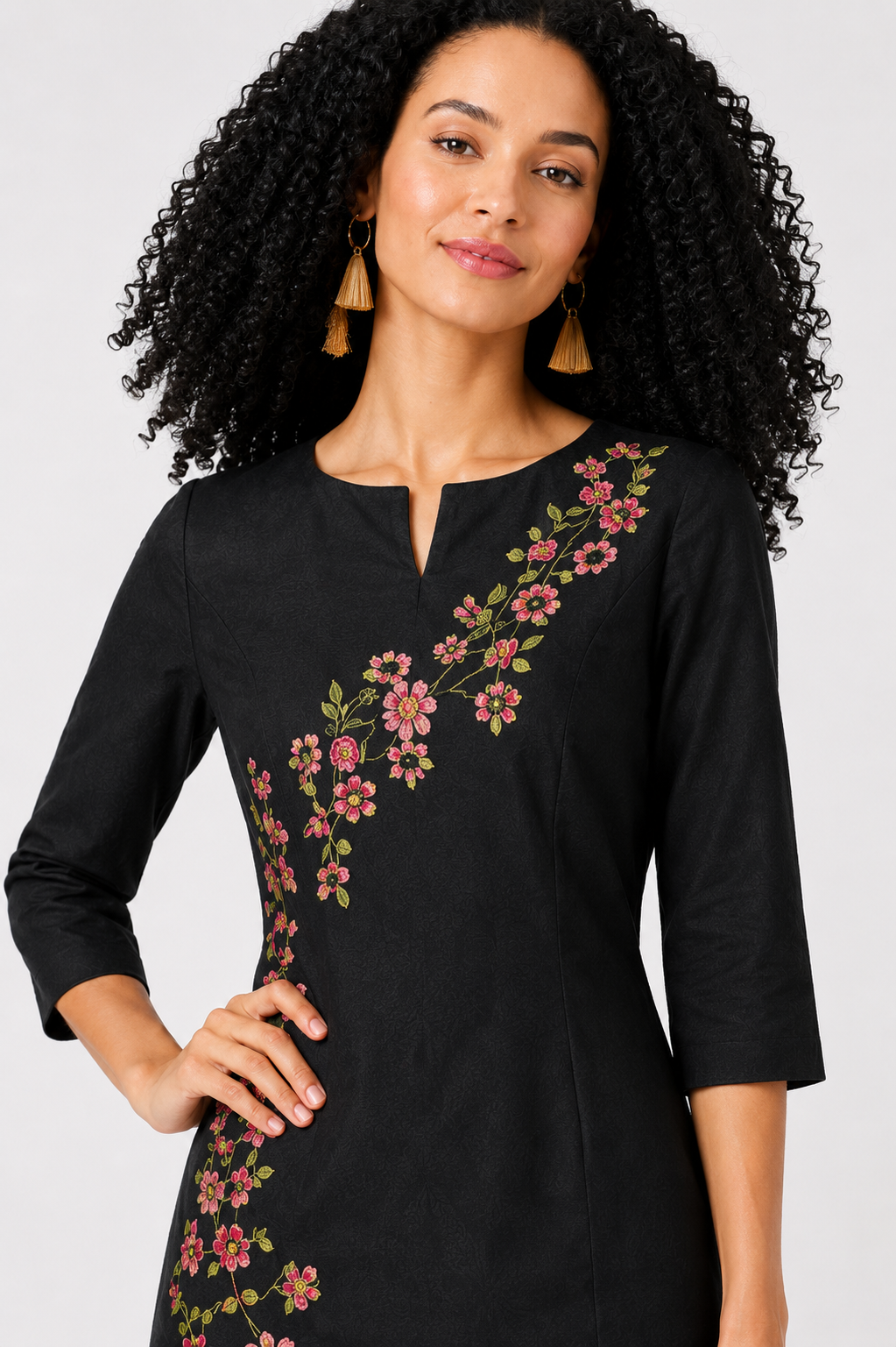 Floral Embroidered Linen Blend Midi Dress