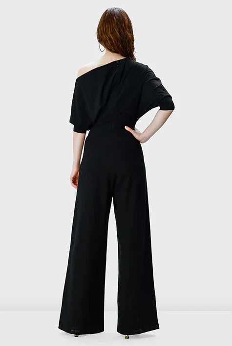 Nams-Ropa asymmetric shoulder cotton jersey palazzo jumpsuit with wide-leg, soft drape, and stylish one-piece design.