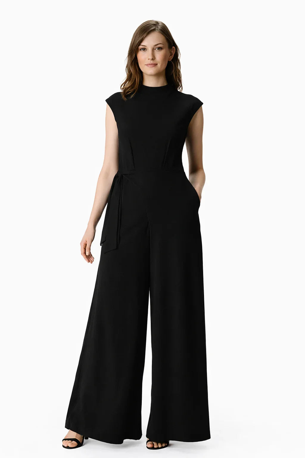 Asymmetric sash-tie cotton jersey palazzo jumpsuit by Nams-Ropa, featuring wide-leg, soft drape, and one-piece design.