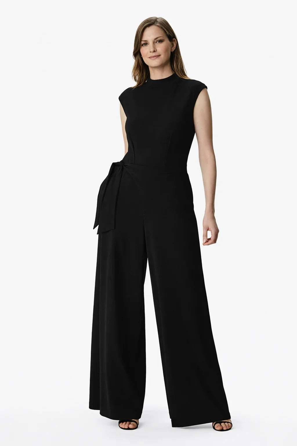 Nams-Ropa asymmetric sash-tie cotton jersey palazzo jumpsuit with wide-leg design and soft drape, one-piece fashion outfit.