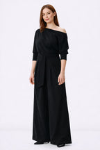Nams Ropa asymmetric shoulder cotton jersey palazzo jumpsuit with wide-leg design and soft drape, stylish one-piece outfit.