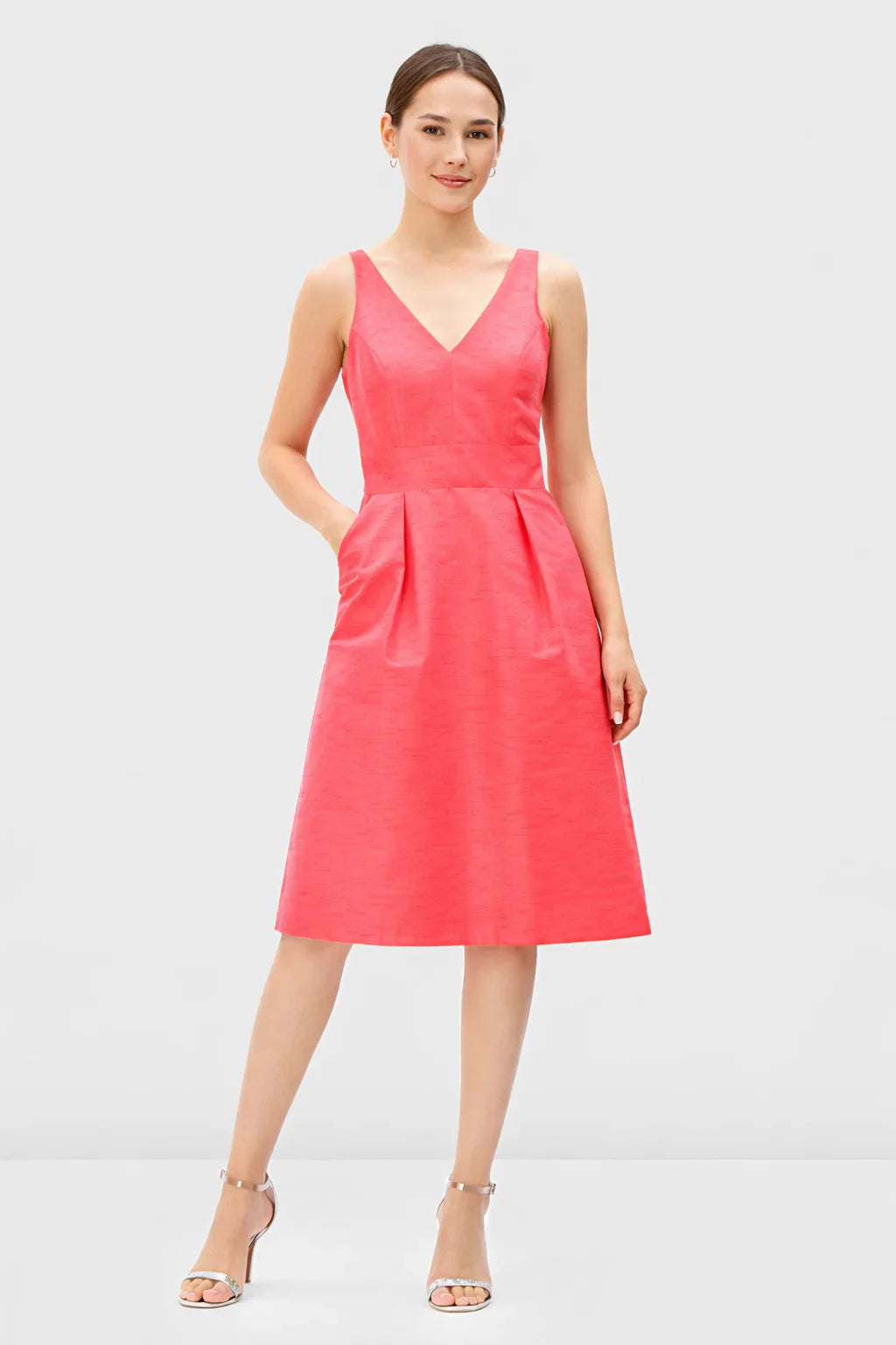 Sleeveless V-neck empire A-line dress in dupioni fabric with banded waist, perfect for wedding guests, by Nams-Ropa.
