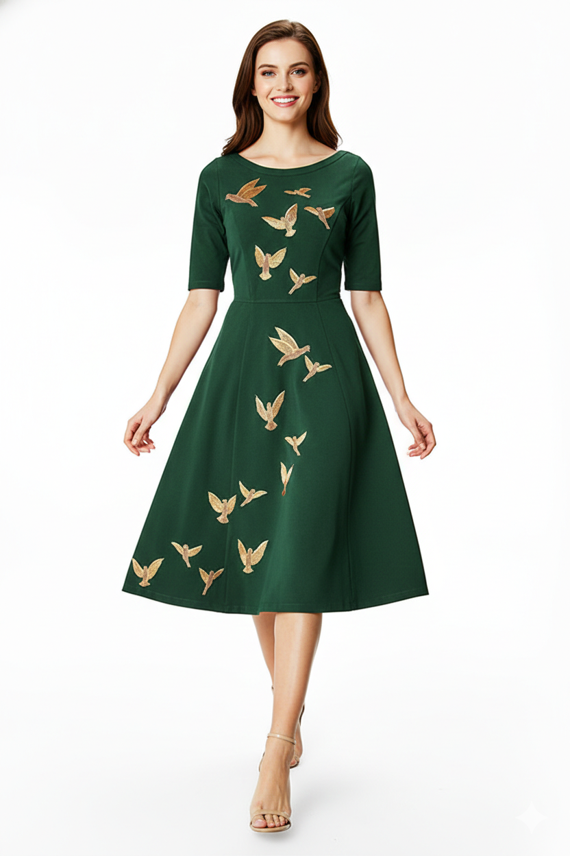 Floral Embellished Illusion Tulle and Dupioni Dress